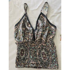Raga Silk Blend Boho Cami Tank Top Small Smocked Back Mandala Print Macramé Trim